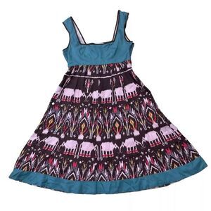 Anthropologie DIODORE Teal Brown Silk Babydoll Dress Bohemian Elephant March 0